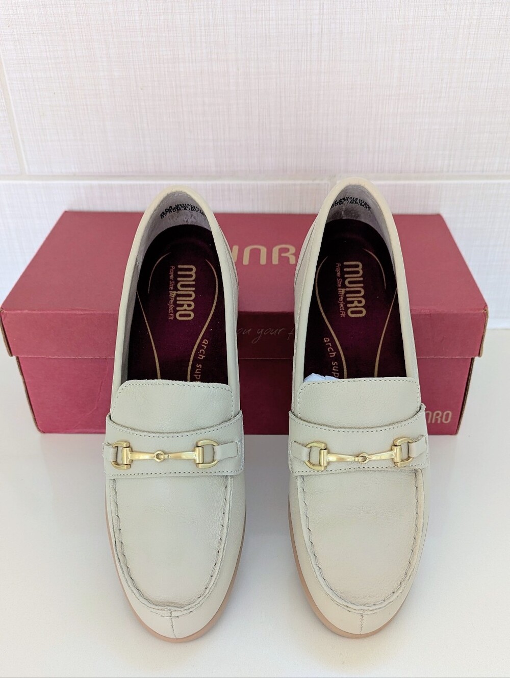 Munro Cream Genuine Leather Bit Loafers with Gold Hardware